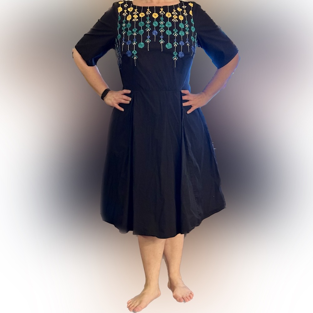eShakti Dark Navy Dress w Yellow,Green&Blue embroidered flowers on top 2X 20W